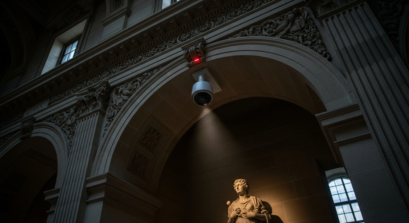 A newly installed surveillance camera with a red indicator light is mounted on a classical stone archway inside the Louvre Museum, overlooking a dimly lit sculpture, symbolizing the extensive security upgrades implemented after an 88 million euro jewel heist to protect its invaluable collection.