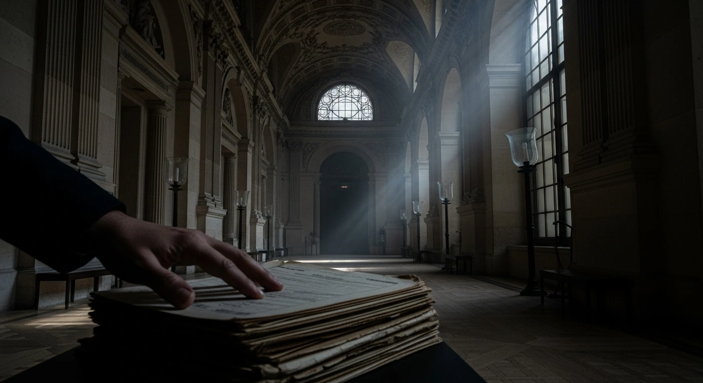 A low-angle view of a dimly lit, opulent corridor inside the Louvre Museum shows a hand in shadow manipulating a stack of worn papers, symbolizing the alleged decade-long ticket fraud scheme that cost the museum over 10 million euros and resulted in nine detentions.
