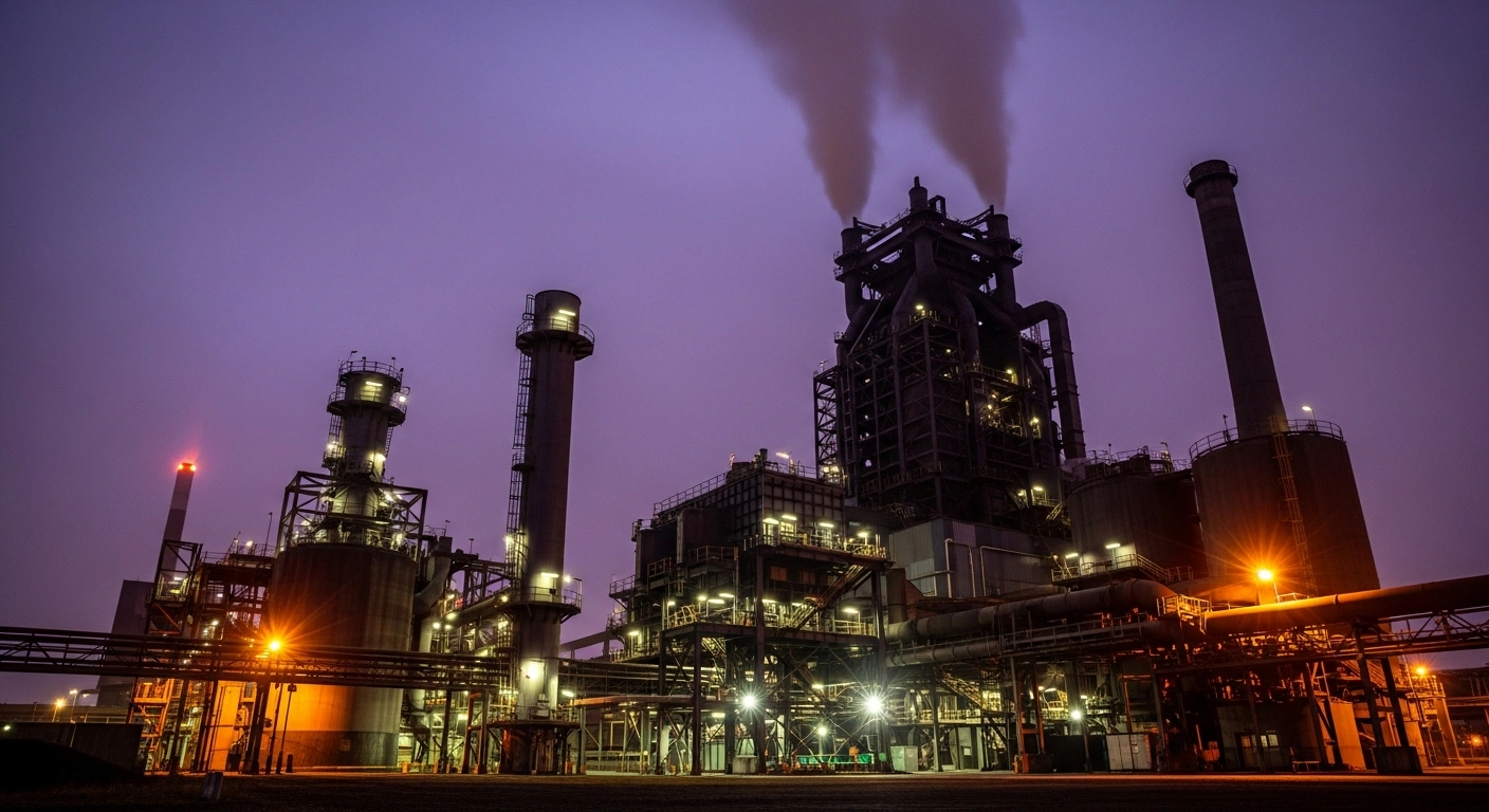 A wide, low-angle shot of a colossal, modern low-carbon steel plant at twilight, with industrial steam plumes and harsh work lights, symbolizing the European steel industry's challenges with overcapacity, import pressure, and energy costs.