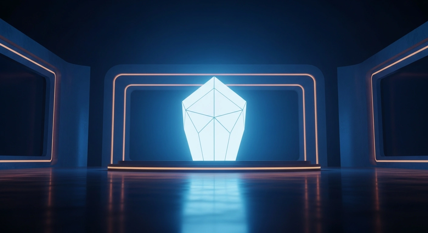 A modern, illuminated geometric structure stands in a professional media studio to represent the new visual identity of the Latvian public broadcaster LSM.