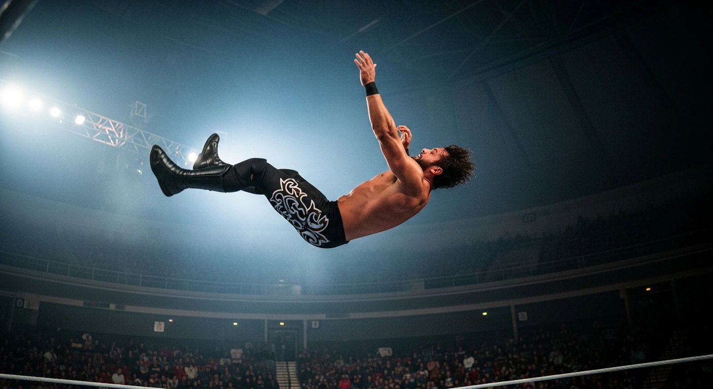 A professional wrestler performs an aerial move during a CMLL lucha libre event at the historic Arena Coliseo in Mexico City.