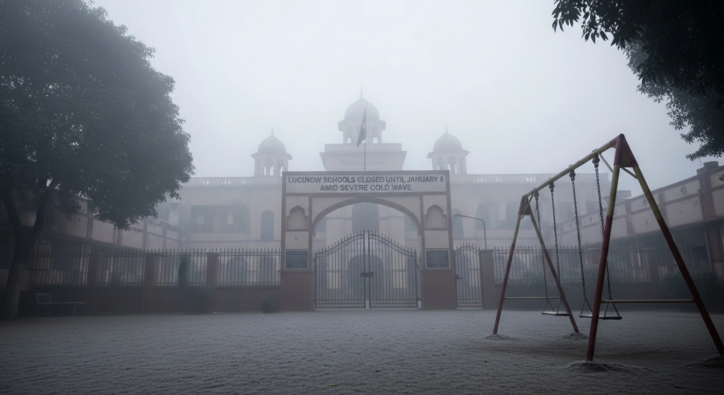 A wide, low-angle photograph captures the deserted entrance of a primary school in Lucknow, shrouded in dense fog and muted pre-dawn light, with a frost-kissed swing set in the foreground, symbolizing the closure of schools for young students due to a severe cold wave.