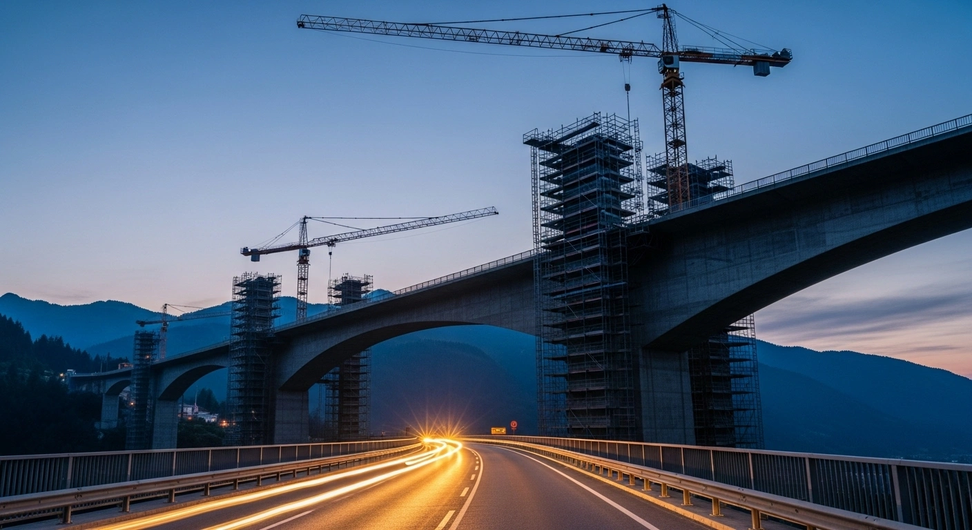 A wide-angle view at dawn shows the A13 Brenner motorway's Luegbrücke bridge in Austria undergoing extensive renovation with scaffolding and cranes, featuring a single lane of restricted traffic, reflecting the measures from 2025 to 2030.