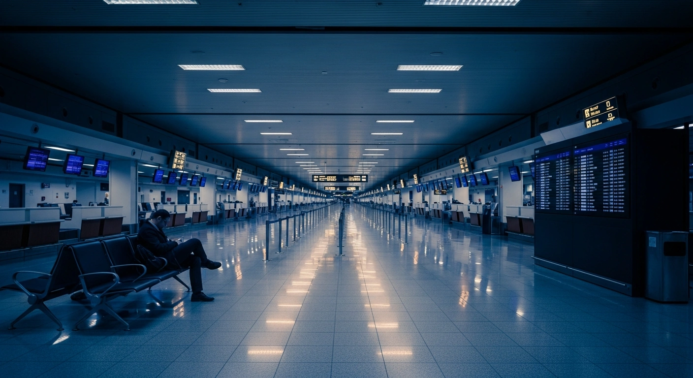 A deserted airport terminal with empty check-in counters illustrates the impact of the Lufthansa cabin crew strike on flight operations in Denmark.