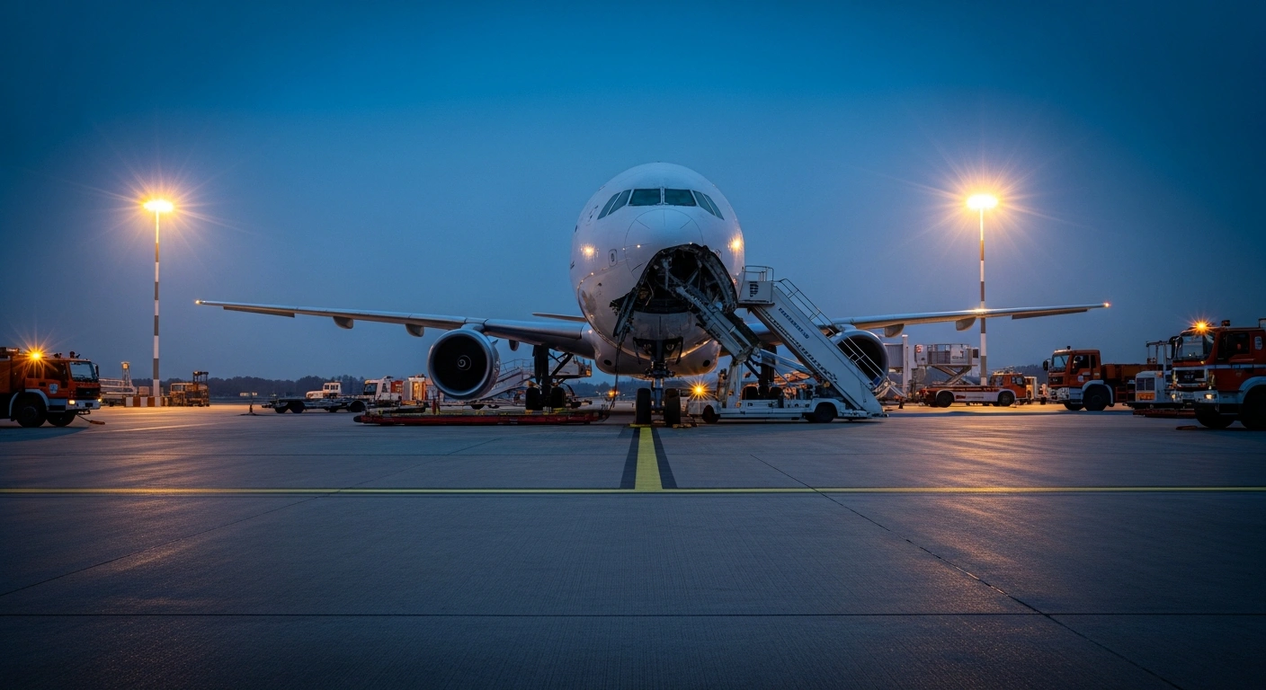 A Lufthansa Boeing 787-9 Dreamliner sits on the tarmac at Frankfurt Airport with its nose landing gear collapsed during maintenance.
