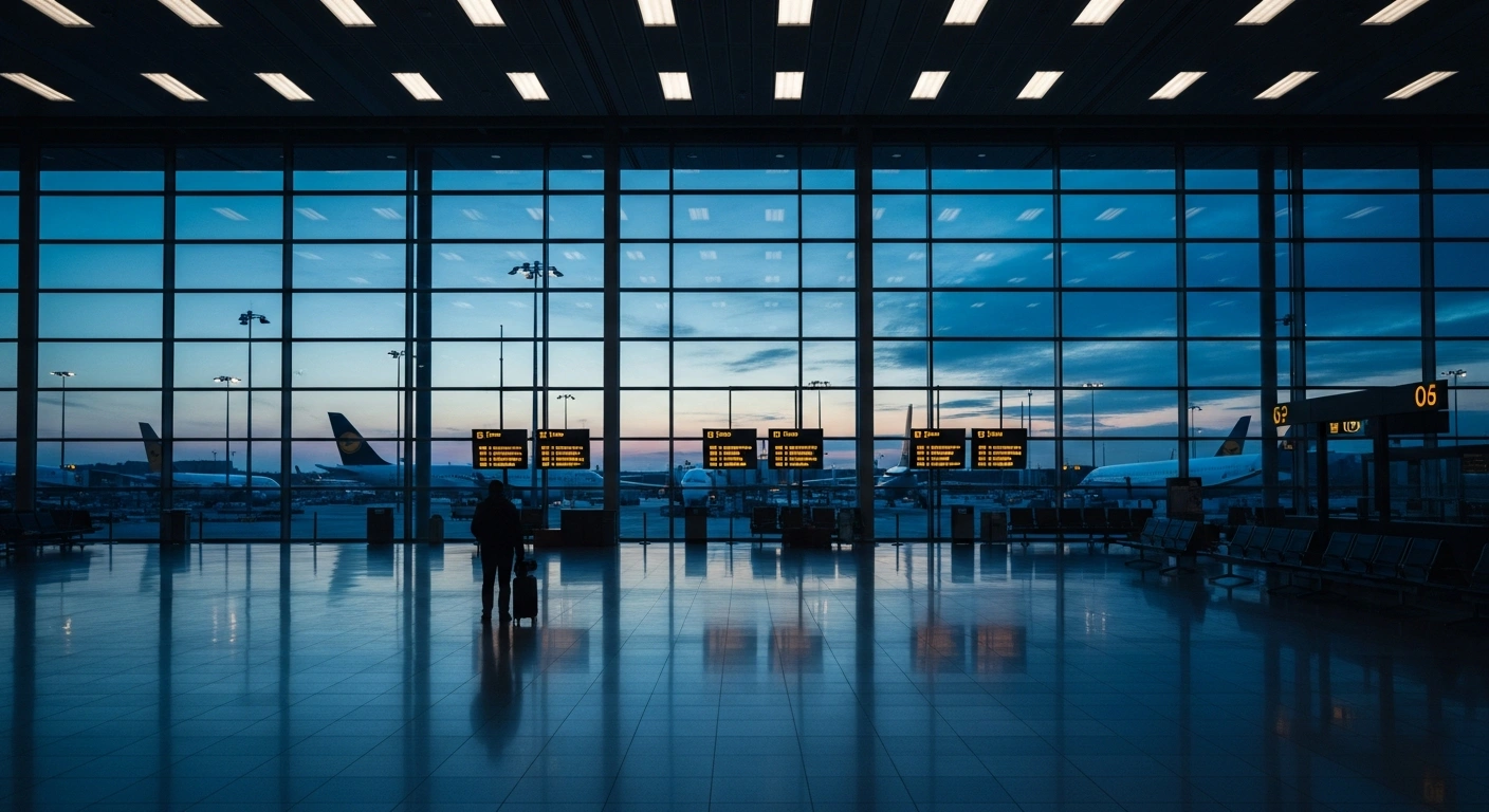 A deserted airport terminal with grounded Lufthansa aircraft visible through the windows during a pilot strike.
