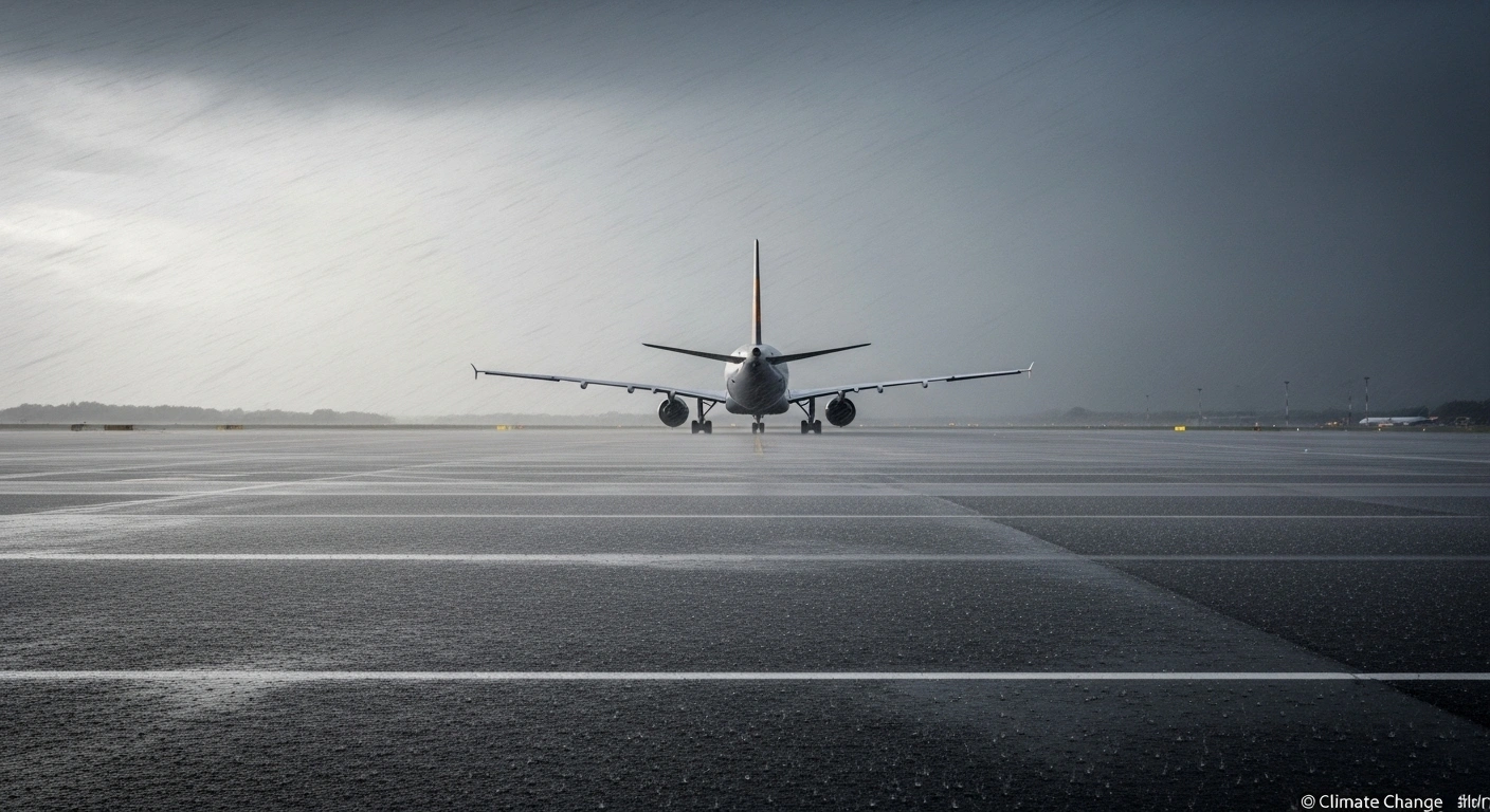 A large commercial airliner sits grounded on a rain-swept airport tarmac during a severe storm, depicting the travel disruptions caused by Storm Amy which led to Lufthansa flight cancellations and delays across Germany, Ireland, and the UK on October 3, 2025.