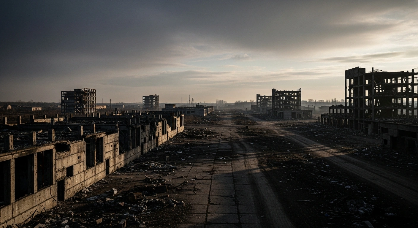 A desolate, war-torn industrial landscape in the Luhansk region of eastern Ukraine signifies the ongoing conflict between Russian and Ukrainian forces.