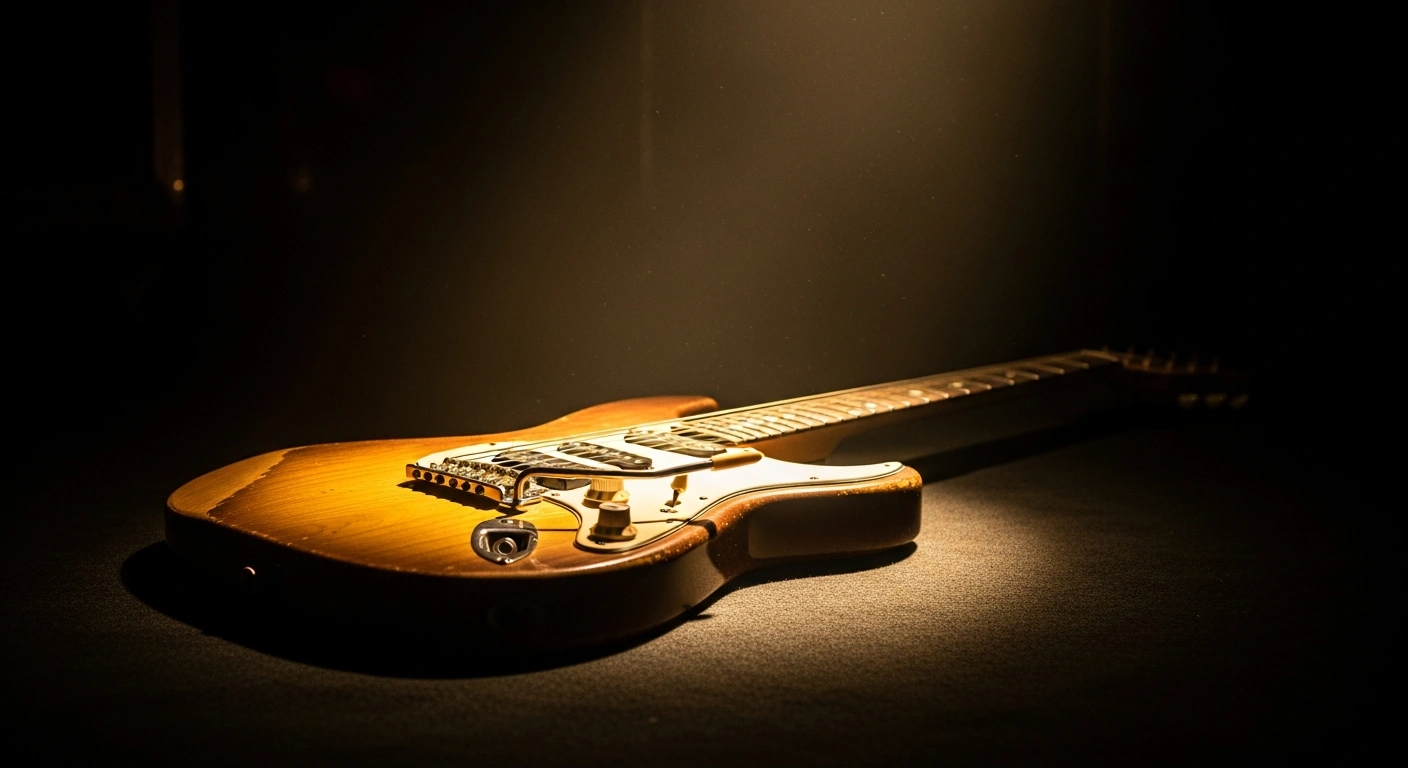 A vintage electric guitar sits alone on a dark stage under a spotlight in memory of the late Brazilian rock guitarist Luiz Carlini.