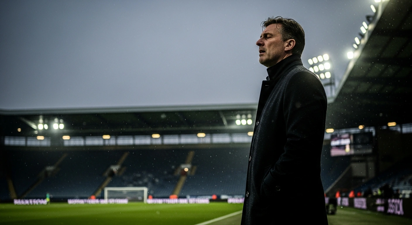 FC Köln head coach Lukas Kwasniok stands pensively on the sidelines of a dark, empty stadium following a series of poor team performances.