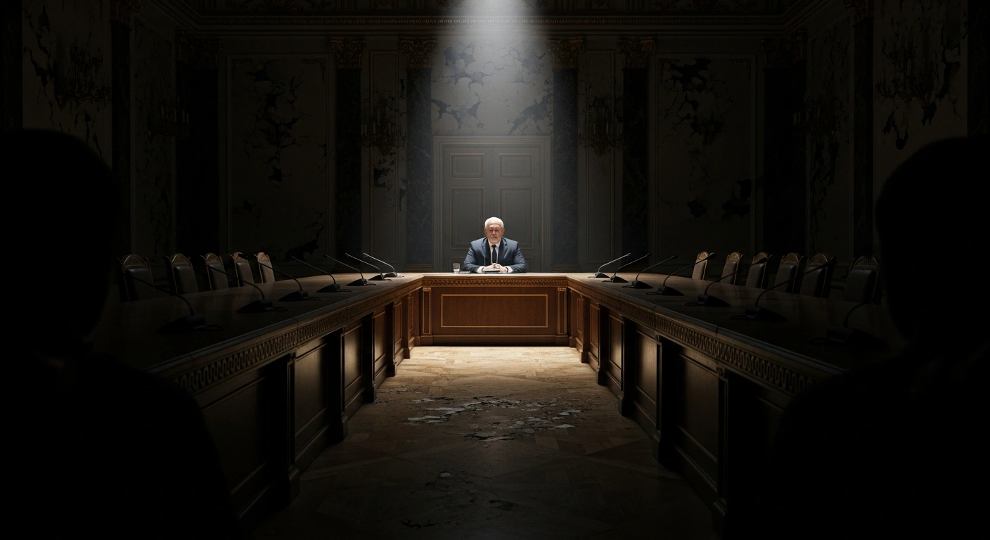 A dramatically lit, solitary figure resembling Alyaksandr Lukashenka stands at a long, ornate table in a grand, decaying hall, symbolizing the debate over his presidential term in Belarus and the potential power transition amidst concerns for his health, constitutional amendments, and the degradation of the political system.