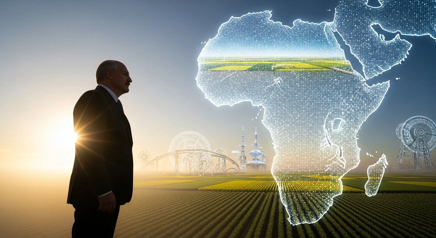 Belarusian President Aleksandr Lukashenko stands before a glowing holographic map of Africa, symbolizing ambitious plans for expanding cooperation in agriculture, mechanical engineering, and fertilizer production to diversify export markets.