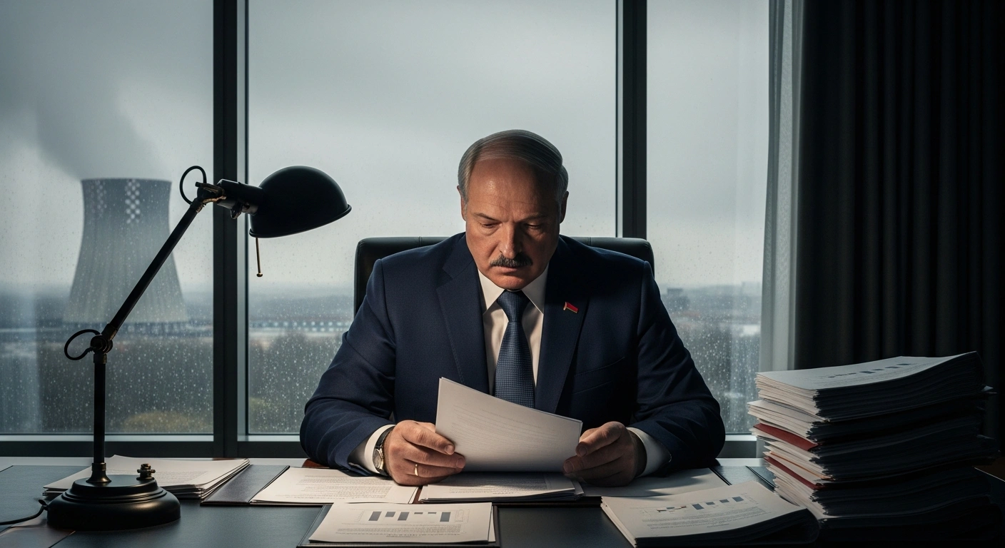 Belarusian President Alexander Lukashenko sits at a large desk, reviewing challenging economic reports under a desk lamp, with a faint silhouette of a nuclear cooling tower visible through a window in the background, symbolizing the ongoing impact of the Chernobyl tragedy and industrial decline.