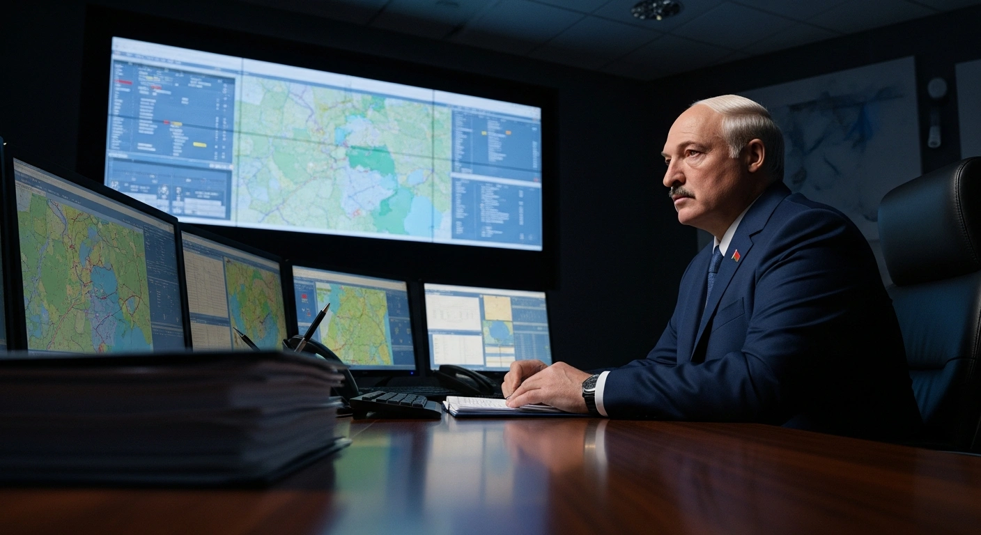 Belarusian President Aleksandr Lukashenko is depicted in a modern military command center, reviewing a report on the large-scale snap inspection of the Armed Forces' combat readiness, with digital tactical maps in the background.
