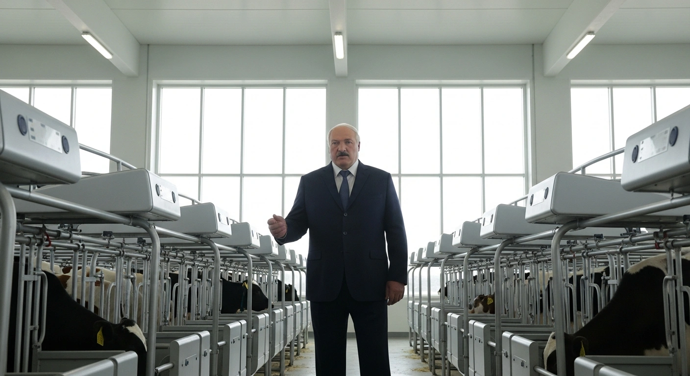 Belarusian President Aleksandr Lukashenko inspects a modern calf care facility at the Nestanovichi Agro dairy complex in Logoisk District, reviewing agricultural operations and emphasizing strict livestock management.