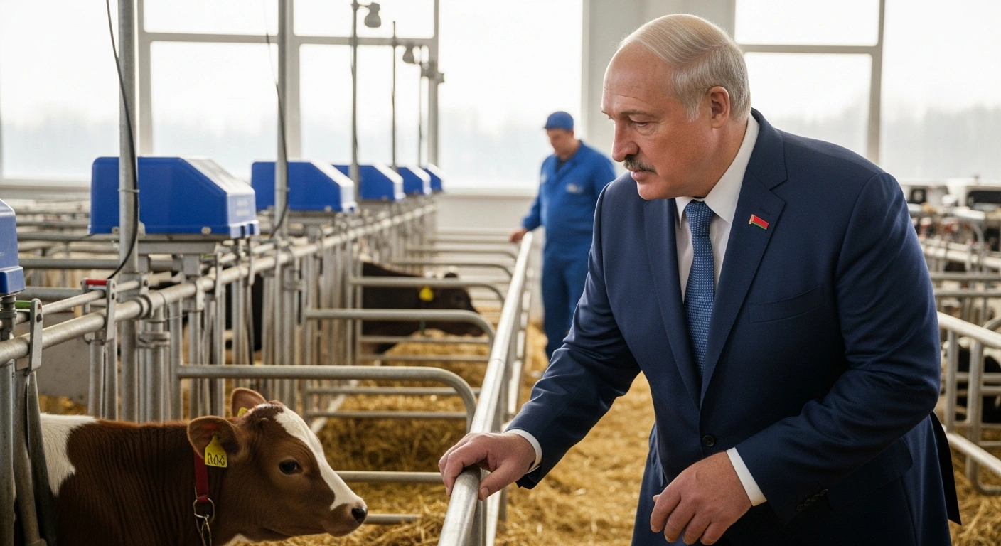 Belarusian President Aleksandr Lukashenko inspects a calf care facility at the Nestanovichi Agro dairy complex in Logoisk District, reviewing agricultural operations and emphasizing animal husbandry.