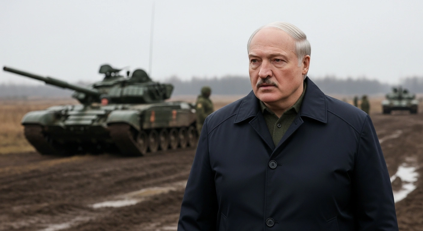 Belarusian President Alexander Lukashenko stands on a muddy military training ground, observing an inspection of the Armed Forces' combat readiness, with a tank partially visible in the background under an overcast sky.