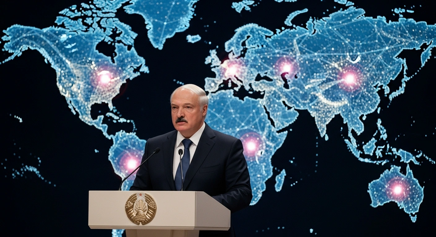 A distinguished leader, representing Belarusian President Alexander Lukashenko, stands at a grand podium with a glowing, interconnected world map behind him, symbolizing the Commonwealth of Independent States and the Eurasian Economic Union's vital role in shaping a just multipolar world order through cooperation, equality, and mutual respect.