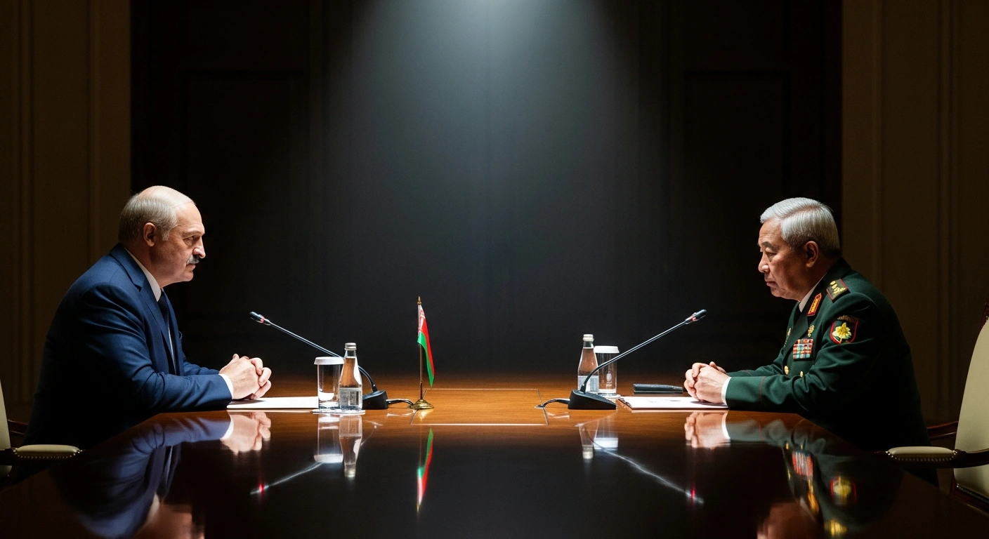 Belarusian President Alexander Lukashenko and Myanmar military chief Min Aung Hlaing are seated across a dark wood table in a formal, dimly lit hall, symbolizing their goodwill visit in Naypyidaw to deepen bilateral cooperation and bolster the military government's legitimacy ahead of a criticized election.