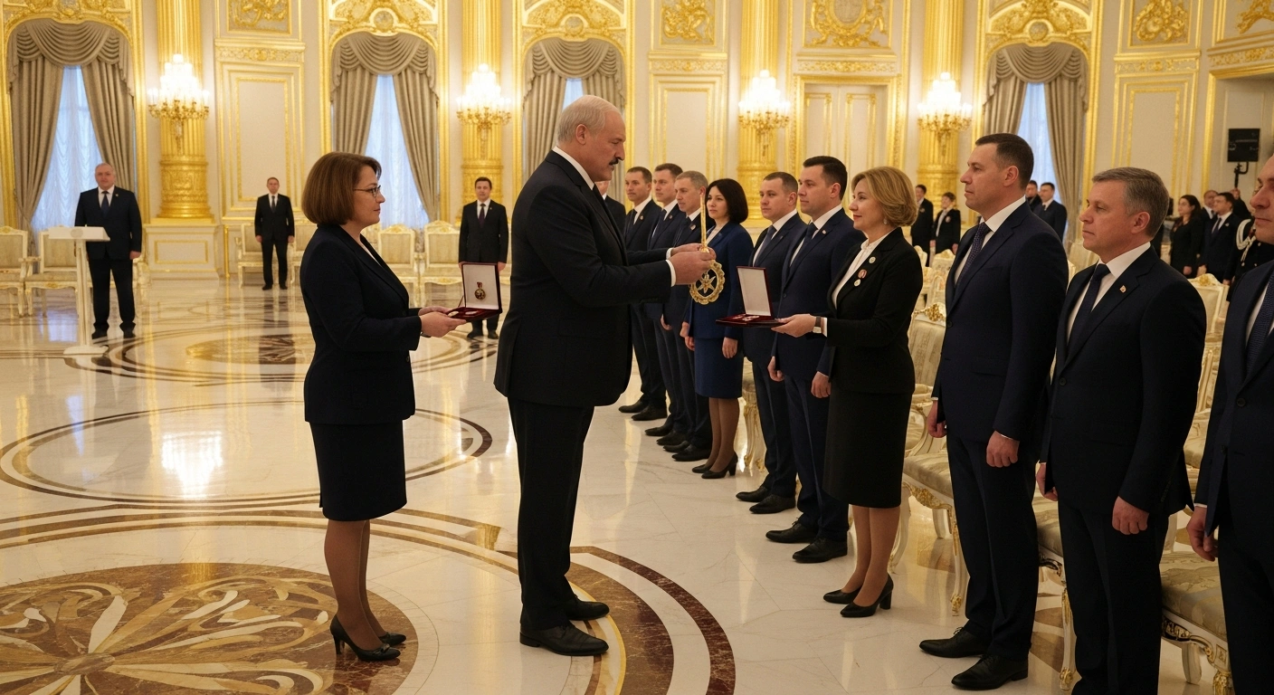Belarusian President Alexander Lukashenko presents a state award to a distinguished woman during a ceremony at the Palace of Independence in Minsk.