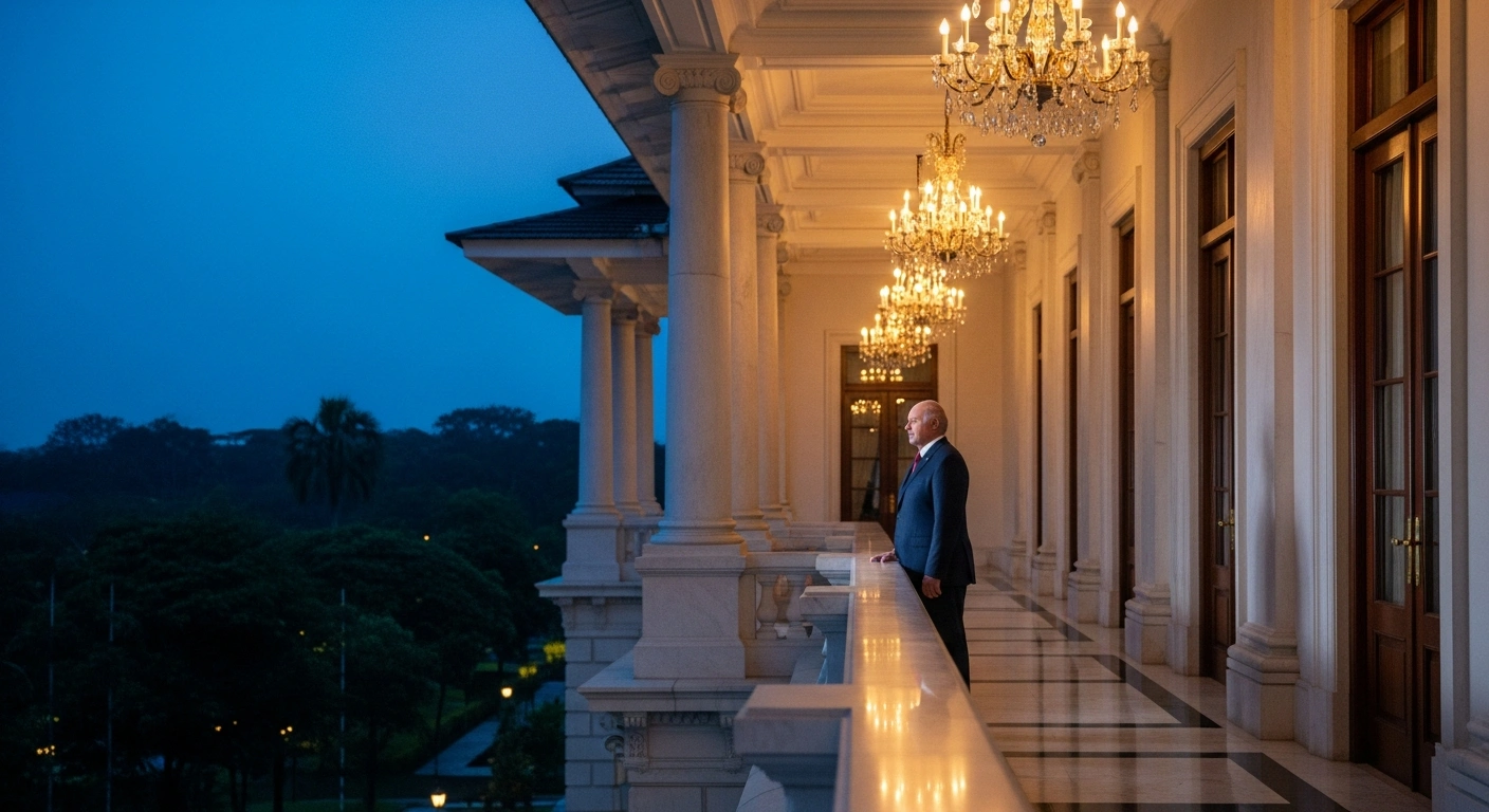 Belarusian President Alexander Lukashenko stands on a balcony at the State Palace in Jakarta during his historic state visit to Indonesia.