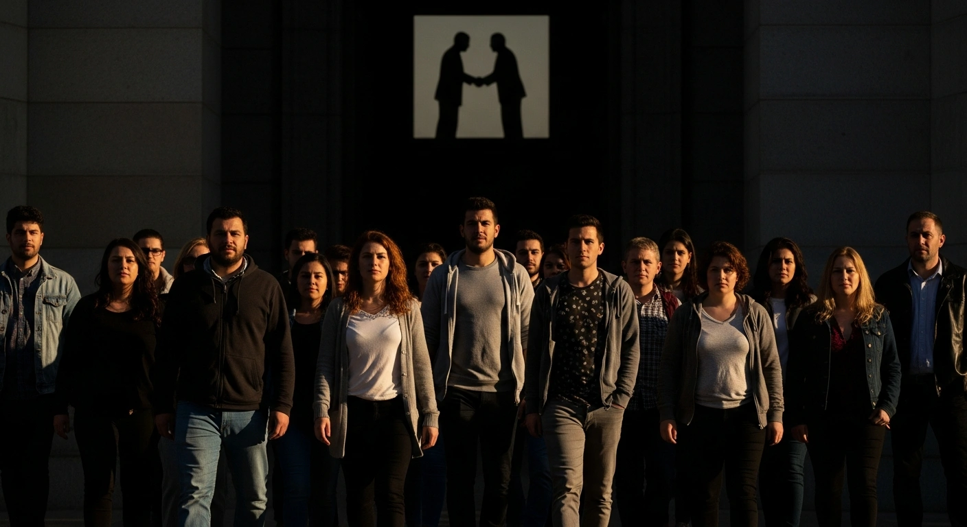 A diverse group of 31 Ukrainian citizens, aged 18 to 58, are depicted emerging from the shadowed archway of a formidable, neoclassical building into warm, late afternoon sunlight, with two silhouetted figures shaking hands in the soft-focus background, representing the agreement between Belarusian leader Aleksandr Lukashenko and US President Donald Trump for their pardon and release.