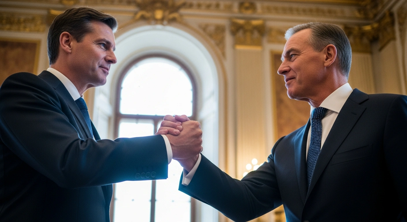 A photorealistic image depicts Belarusian President Alexander Lukashenko and US Special Envoy John Coale shaking hands in a grand, ornate room, symbolizing their discussions in Minsk aimed at improving ties with the West, which led to the lifting of sanctions and the pardoning of prisoners.