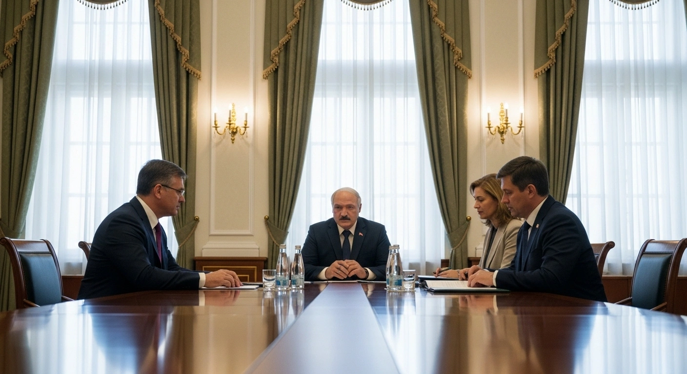 Belarusian President Aleksandr Lukashenko is intently listening to Dmitry Krutoi and Natalya Kochanova who are briefing him at a conference table about Vitebsk Oblast's sustainable development, its 2030 program, agricultural sector, and national trade and pricing monitoring efforts.