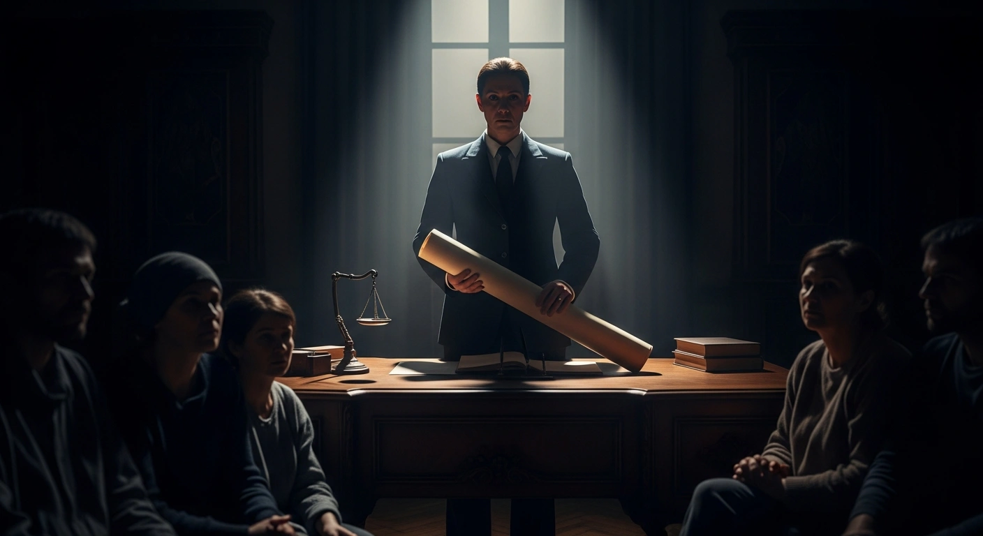 A dramatic, low-angle photograph depicts a stern figure, symbolizing the Belarusian State Labor Inspectorate, holding a rolled decree under a strong beam of light, with a group of hopeful workers in the blurred foreground, representing the enhanced powers for extrajudicial recovery of unpaid wages and worker protection granted by President Aleksandr Lukashenko's Decree No. 45.