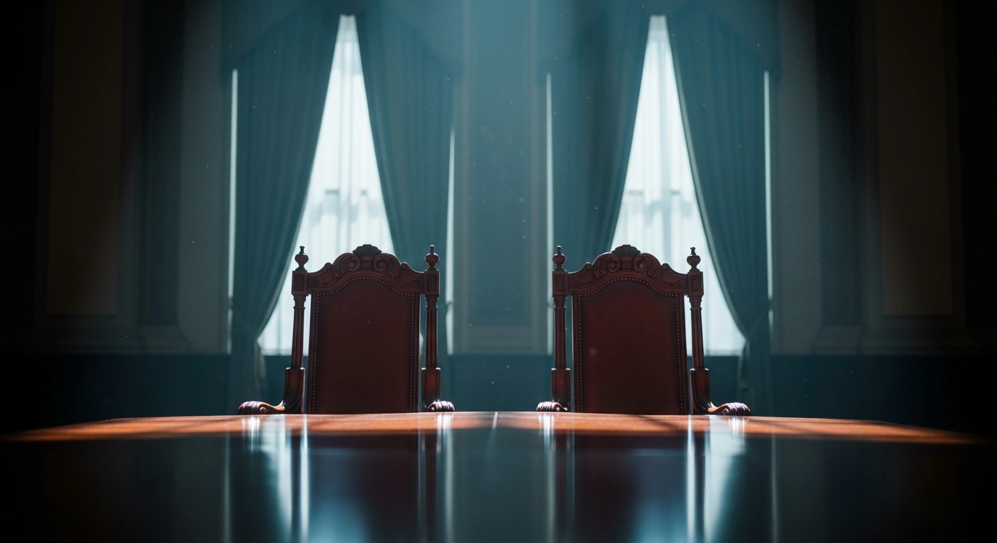 Two empty chairs sit across from each other at a long table, representing the potential for direct diplomatic talks between Alexander Lukashenko and Volodymyr Zelenskyy.