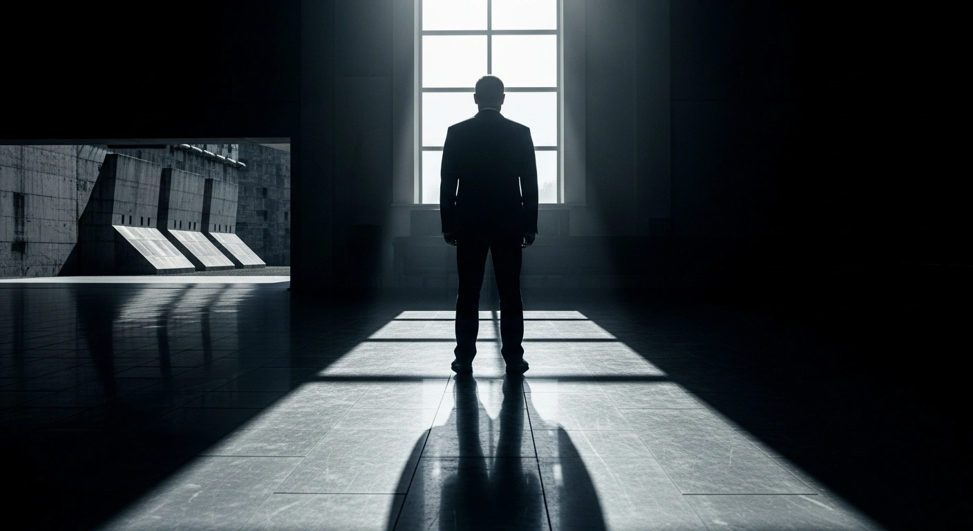 A somber, dimly lit courtroom scene depicts a man in a dark suit, representing Vladimir Lukin, standing before a judge, symbolizing his nine-year prison sentence by the Leninsky District Court in Kursk for embezzling 152.8 million rubles intended for border defense fortifications in a large-scale fraud case.