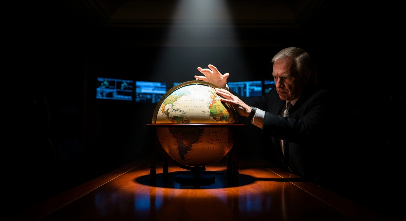 A powerful, older man with a furrowed brow leans over a dramatically lit antique globe in a dimly lit, opulent boardroom, symbolizing Russian oil giant Lukoil's urgent sale of international assets before US sanctions.