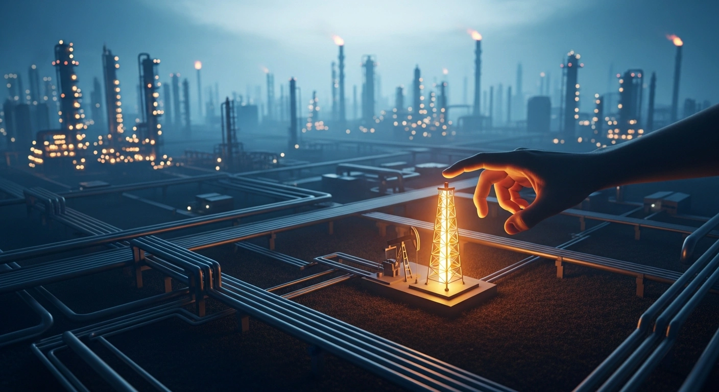 A stylized, low-angle image depicts a hand, symbolizing Hungary's MOL, reaching purposefully towards a glowing miniature oil derrick, representing Lukoil's international assets, set against a twilight backdrop of European refineries and pipelines, illustrating MOL's interest in acquiring these assets following U.S. sanctions against Lukoil.