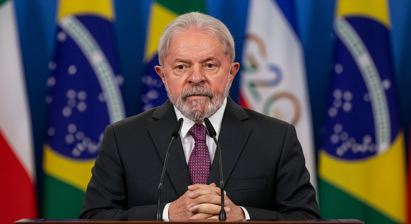 Brazilian President Luiz Inácio Lula da Silva stands at a podium under dramatic lighting, his face resolute, conveying a firm commitment to judicial independence at an international summit, confirming former President Jair Bolsonaro's prison sentence.