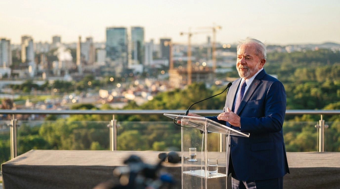 President Luiz Inácio Lula da Silva stands at a podium with a modern industrial and natural landscape in the background, representing Brazil's economic development goals.
