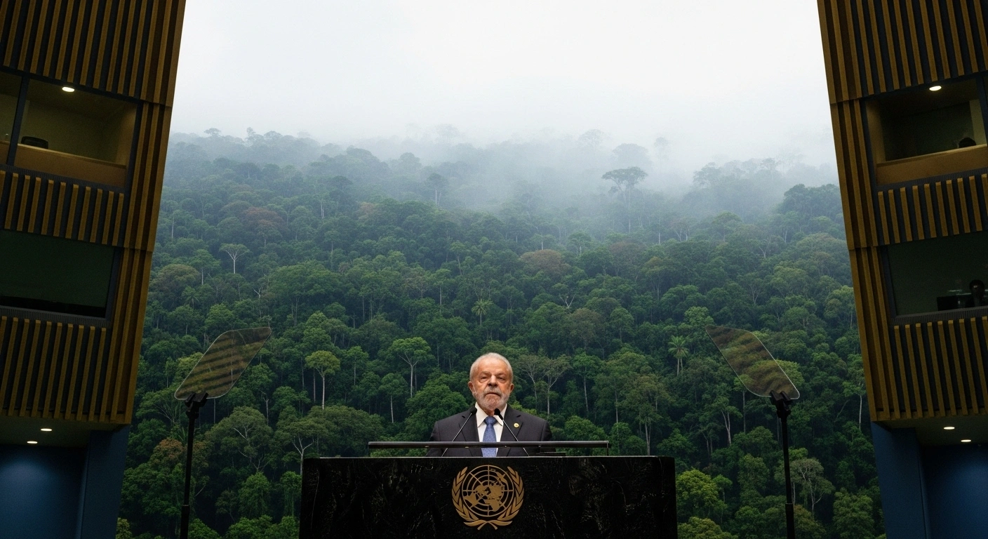 Brazilian President Luiz Inacio Lula da Silva stands at a podium in a United Nations hall, illuminated by a spotlight, with a vibrant tropical rainforest visible in the background, symbolizing his $1 billion investment in the Tropical Forests Forever Facility for forest conservation.
