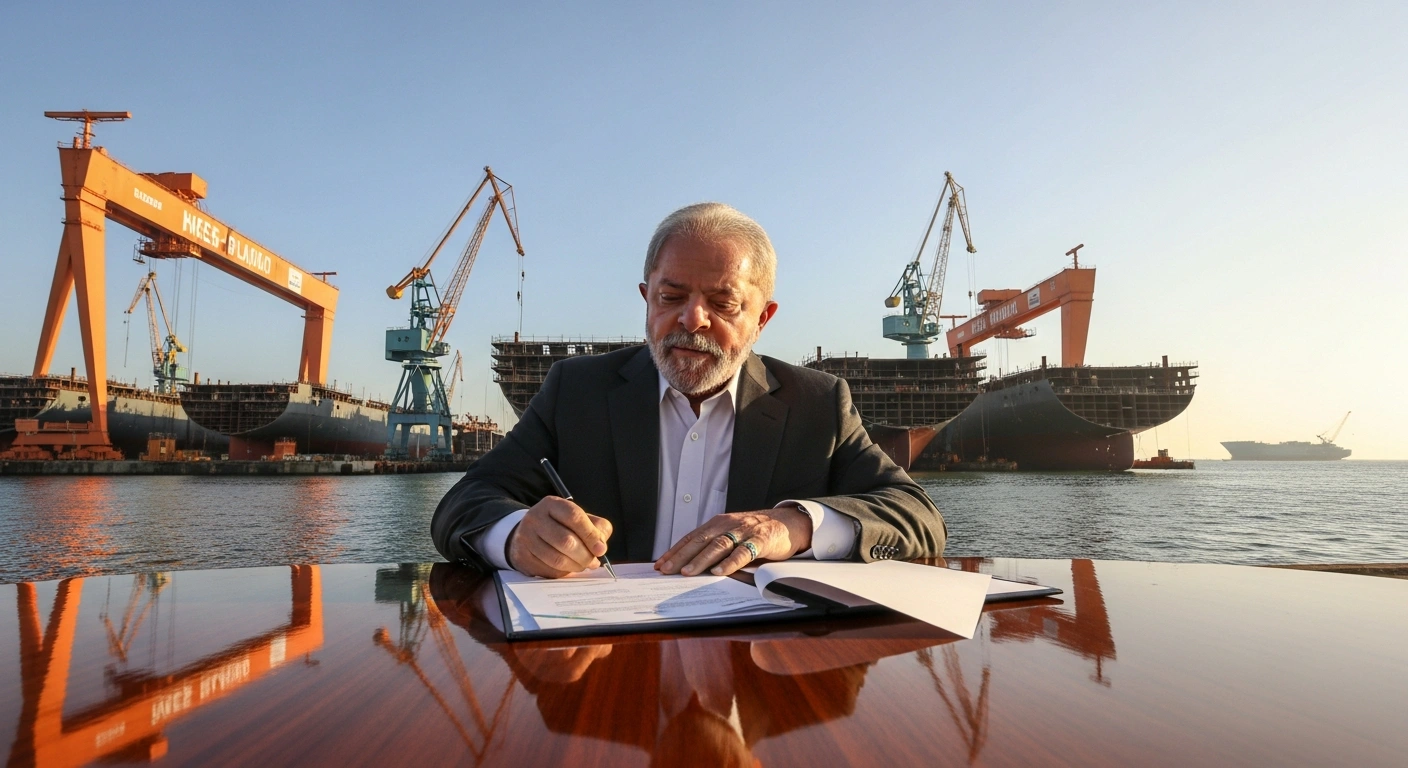 Brazilian President Luiz Inácio Lula da Silva is depicted signing contracts at a grand table, with a bustling shipyard featuring towering cranes and the frames of new vessels in the background, symbolizing the R$2.8 billion Mar Aberto Program to expand Brazil's national fleet and strengthen its shipbuilding industry.