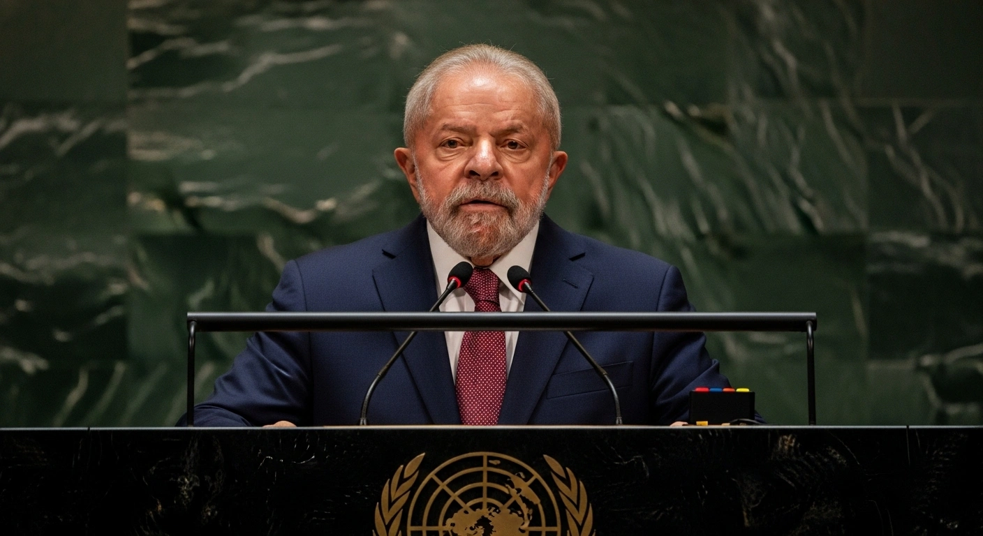 Brazilian President Luiz Inácio Lula da Silva delivers a powerful address from a grand podium, illuminated by a dramatic spotlight, at the United Nations General Assembly.