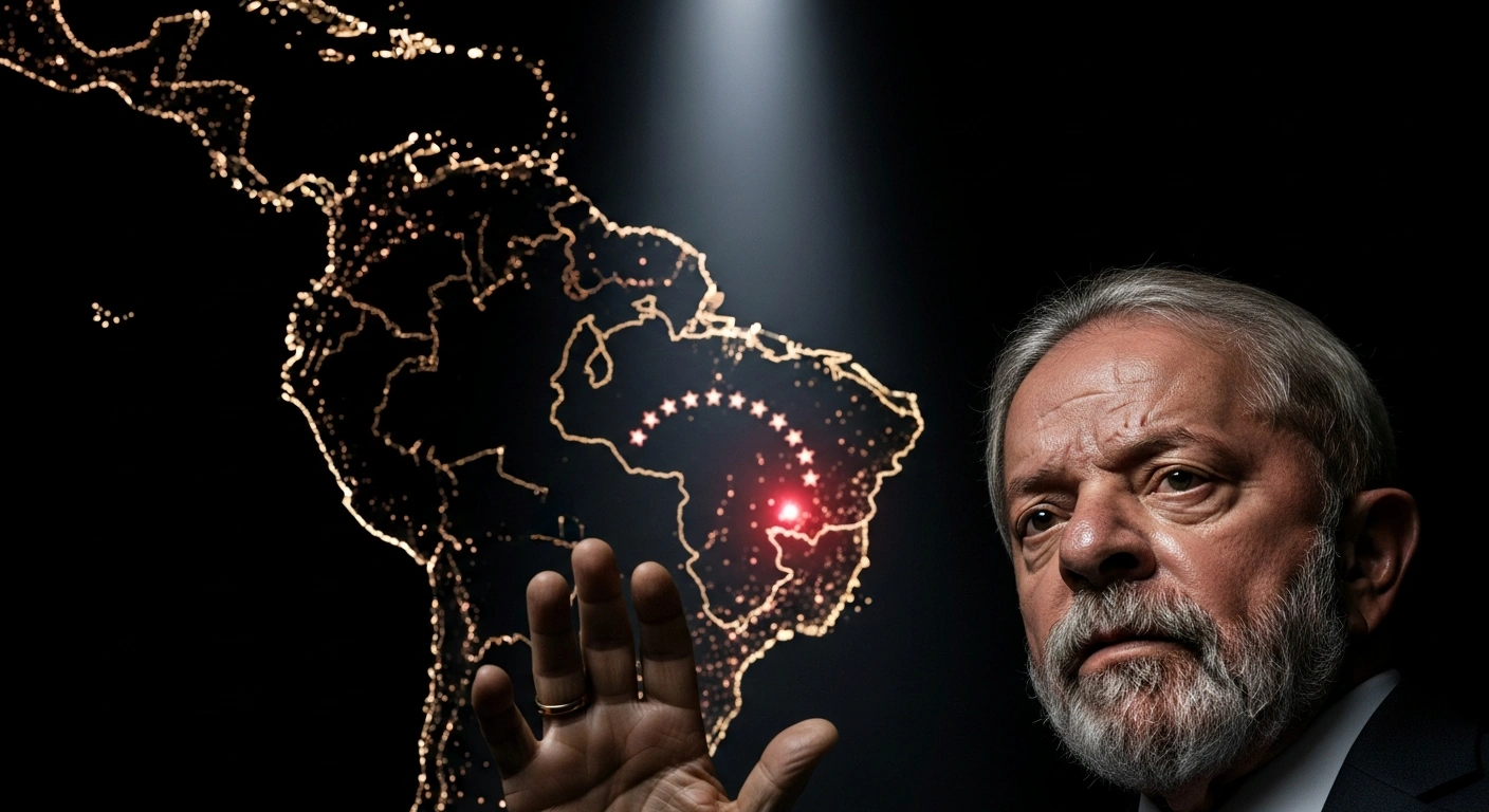 A low-angle close-up of Brazilian President Luiz Inácio Lula da Silva, his face serious and illuminated by a dramatic spotlight, gesturing with conviction against a blurred background showing a map of South America with a red glow over Venezuela, symbolizing his condemnation of United States military actions and the capture of Venezuelan President Nicolás Maduro.