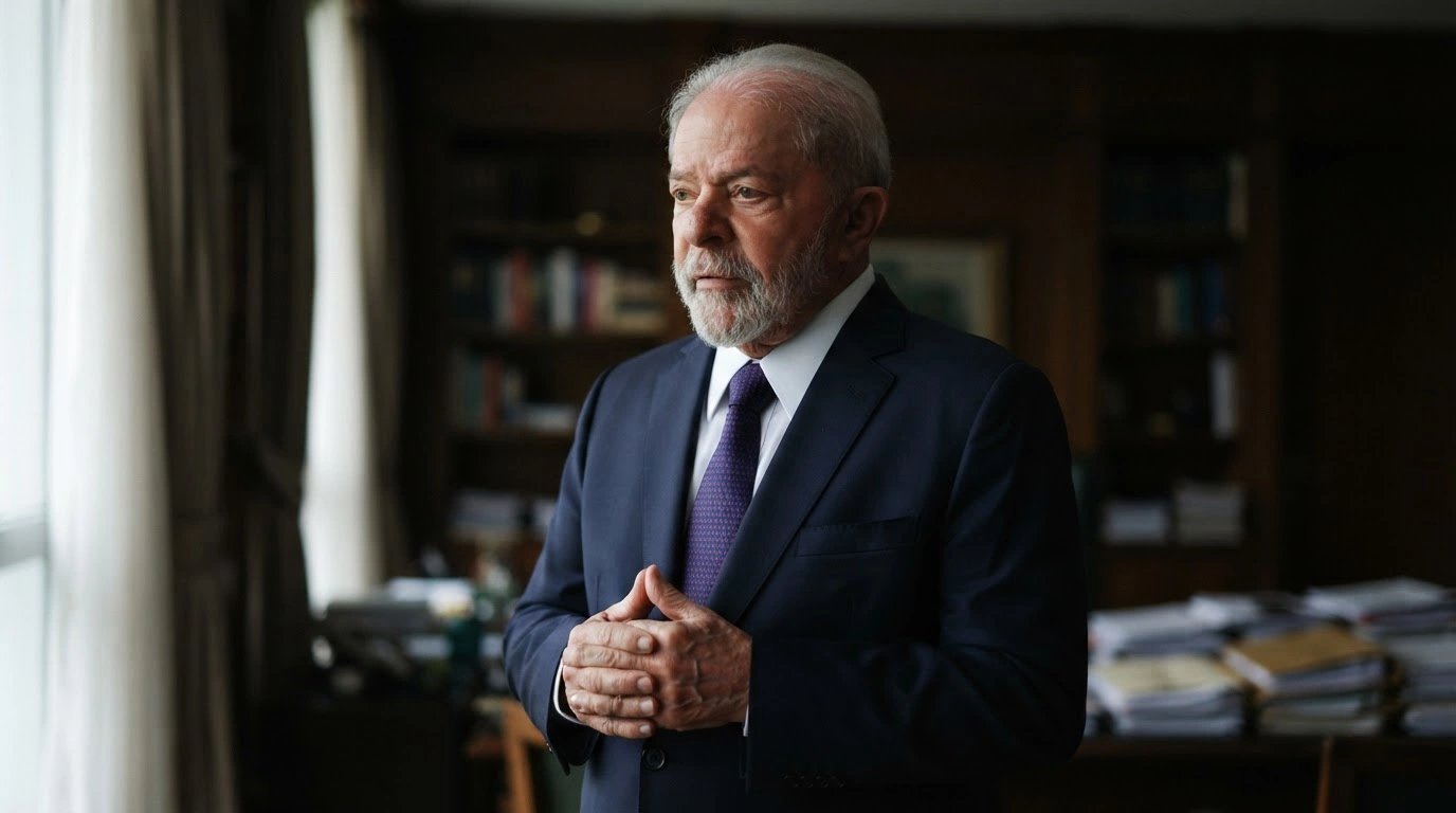 Brazilian President Luiz Inácio Lula da Silva stands in his office while considering the complex legal debate surrounding the age of criminal responsibility in Brazil.