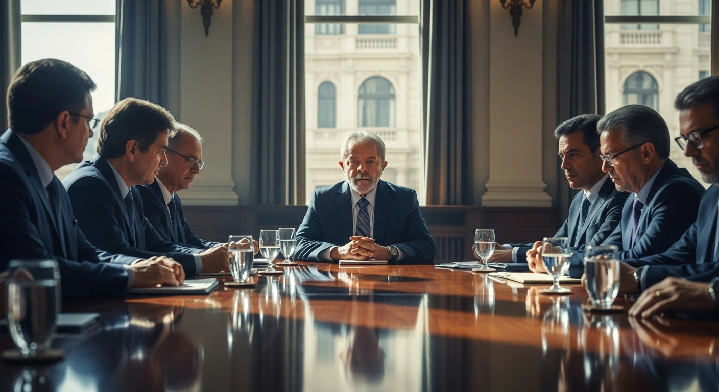 Brazilian President Luiz Inácio Lula da Silva meets with political allies in a Brasília office to discuss government stability and legislative strategy.