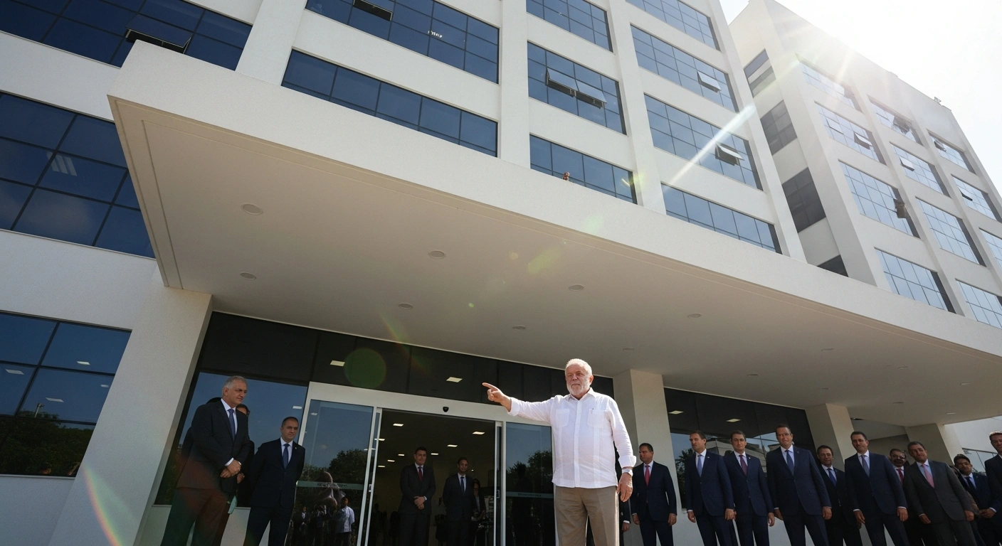 President Luiz Inácio Lula da Silva stands at the entrance of a newly inaugurated, modern 24-hour Emergency Center at the Federal Hospital Cardoso Fontes in Jacarepaguá, Rio de Janeiro, symbolizing a significant federal investment in public health services.