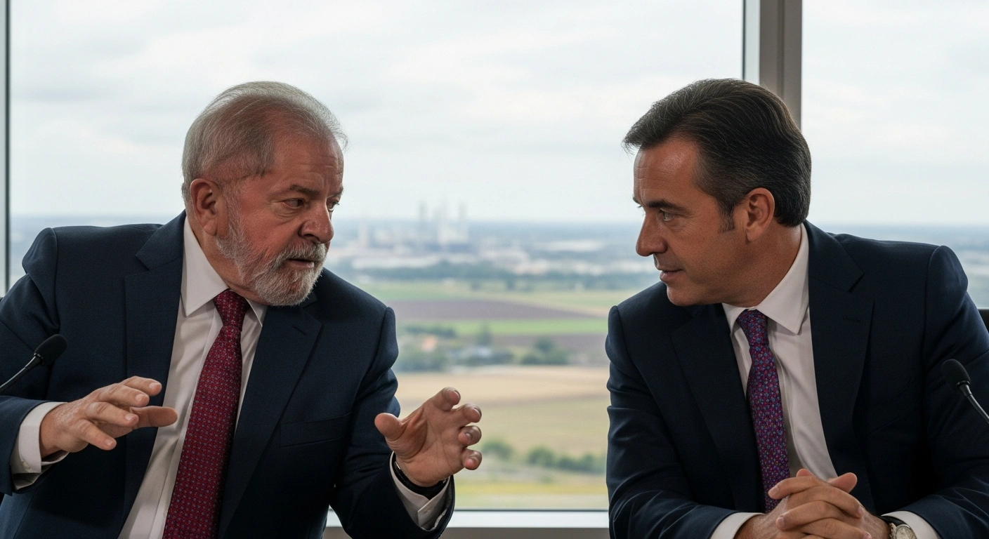 Brazilian President Lula da Silva and Portuguese Prime Minister Luís Montenegro are depicted in a serious discussion, with a blurred background hinting at the vast agricultural and industrial landscapes impacted by the Mercosur-EU trade agreement.
