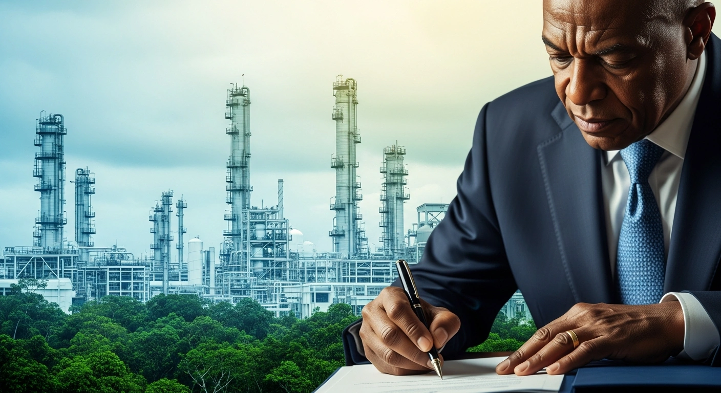 Brazilian President Luiz Inacio Lula da Silva is shown signing a document, symbolizing the Presiq chemicals incentive program, with a modern, clean chemical facility and a lush rainforest visible in the background, representing the program's goals of industrial modernization and decarbonization.