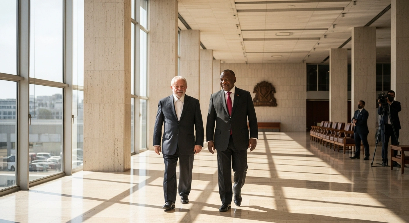 Brazilian President Luiz Inácio Lula da Silva and South African President Cyril Ramaphosa walk together during a state visit at the Palácio do Planalto in Brasília.