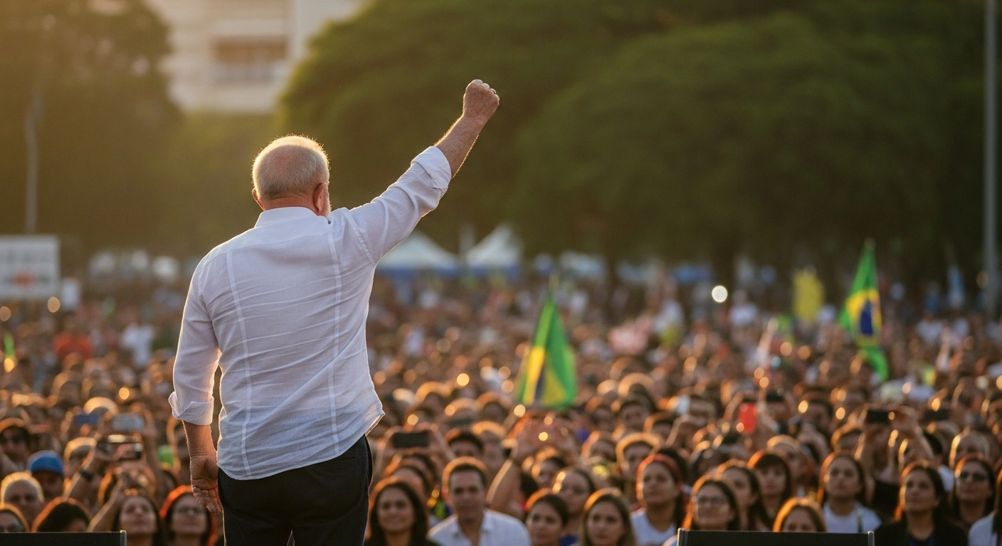 A low-angle, golden-hour photograph captures Brazilian President Luiz Inácio Lula da Silva on a brightly lit stage, arm raised in a gesture of unity, addressing a diverse, cheering crowd, symbolizing his announcement to seek re-election in the 2026 presidential race and his call for broad alliances against the far-right.