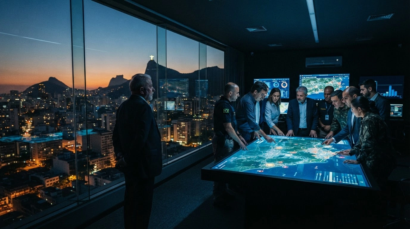 Brazilian President Lula da Silva oversees a security strategy meeting with officials to coordinate federal support against organized crime in Rio de Janeiro.