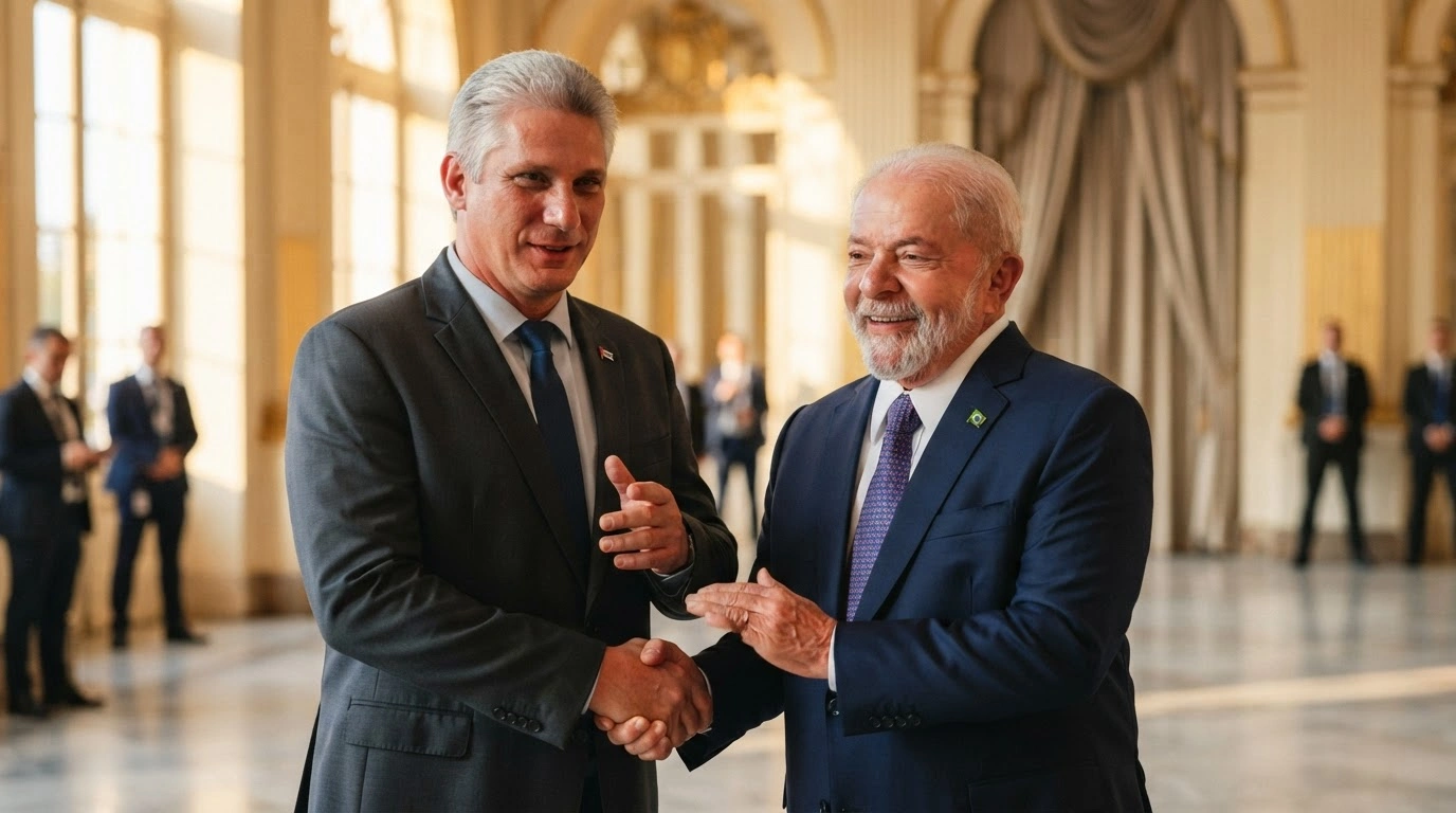 Cuban President Miguel Díaz-Canel and Brazilian President Luiz Inácio Lula da Silva stand together in a formal government building to signify strengthened bilateral relations.