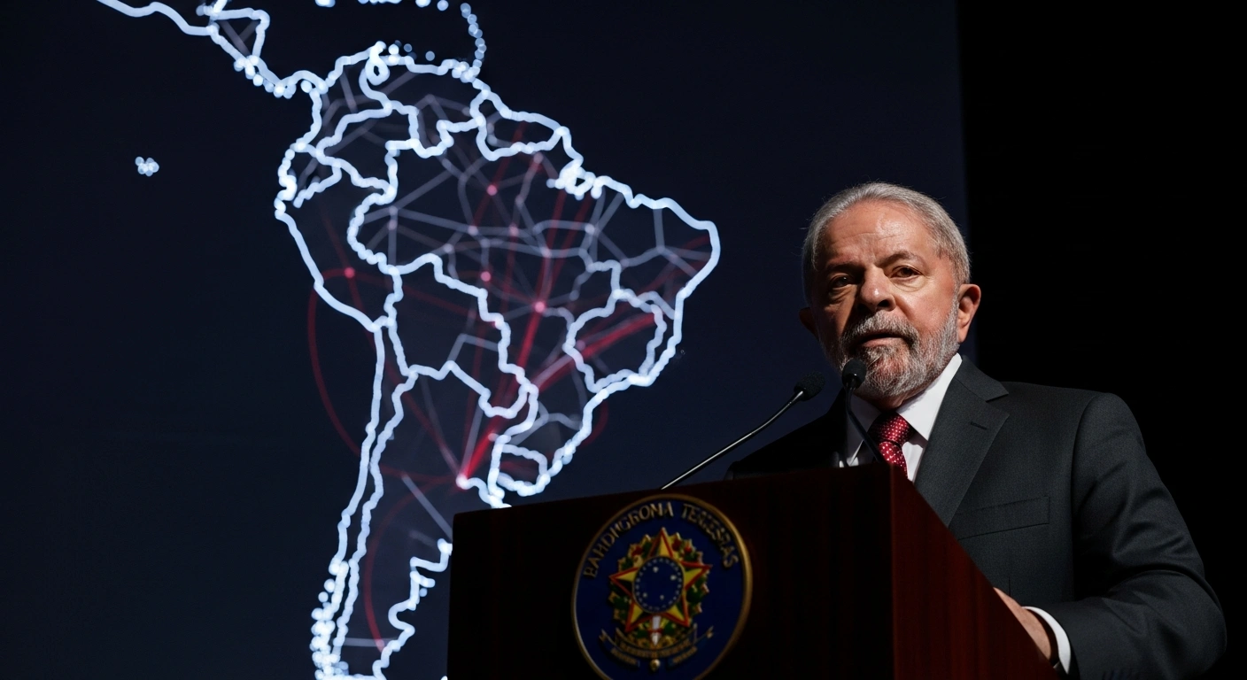 Brazilian President Luiz Inácio Lula da Silva stands at a podium, delivering a speech, with a subtly illuminated, stylized map of South America projected behind him, symbolizing regional cooperation against transnational organized crime.