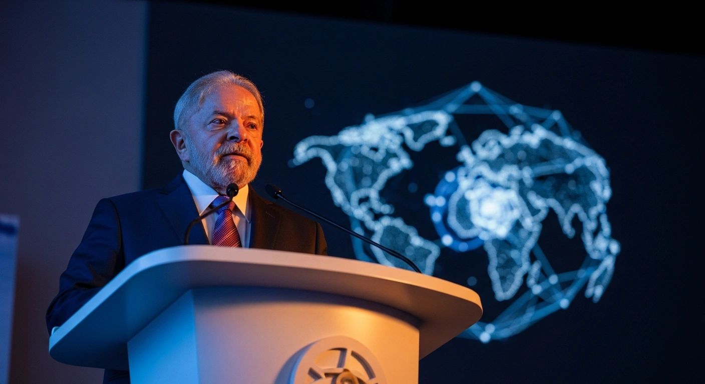 Brazilian President Luiz Inácio Lula da Silva stands resolutely at a futuristic podium with dramatic blue and orange lighting and an abstract AI-themed backdrop, emphasizing national sovereignty during his remarks at the Artificial Intelligence Summit in India regarding former Venezuelan President Nicolás Maduro's trial.
